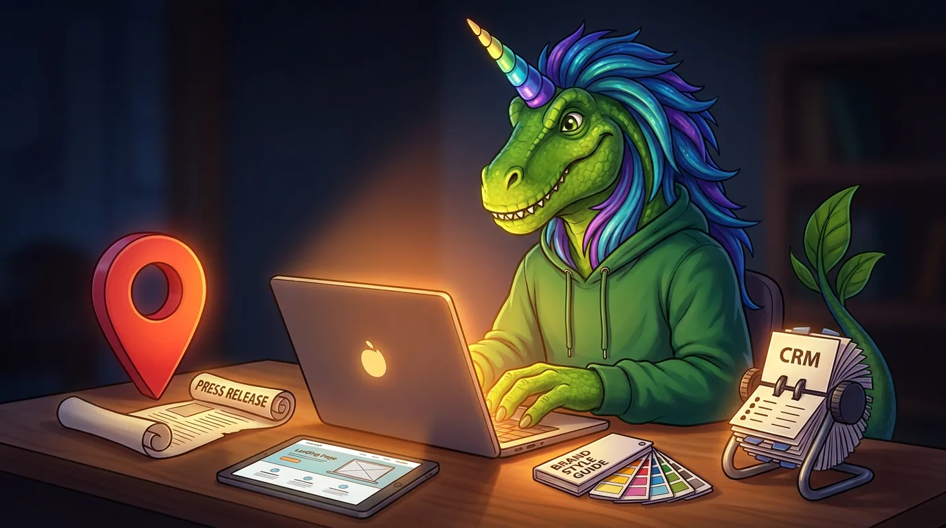 Rex at a laptop surrounded by a map pin, press release, landing page, brand guide and CRM card file
