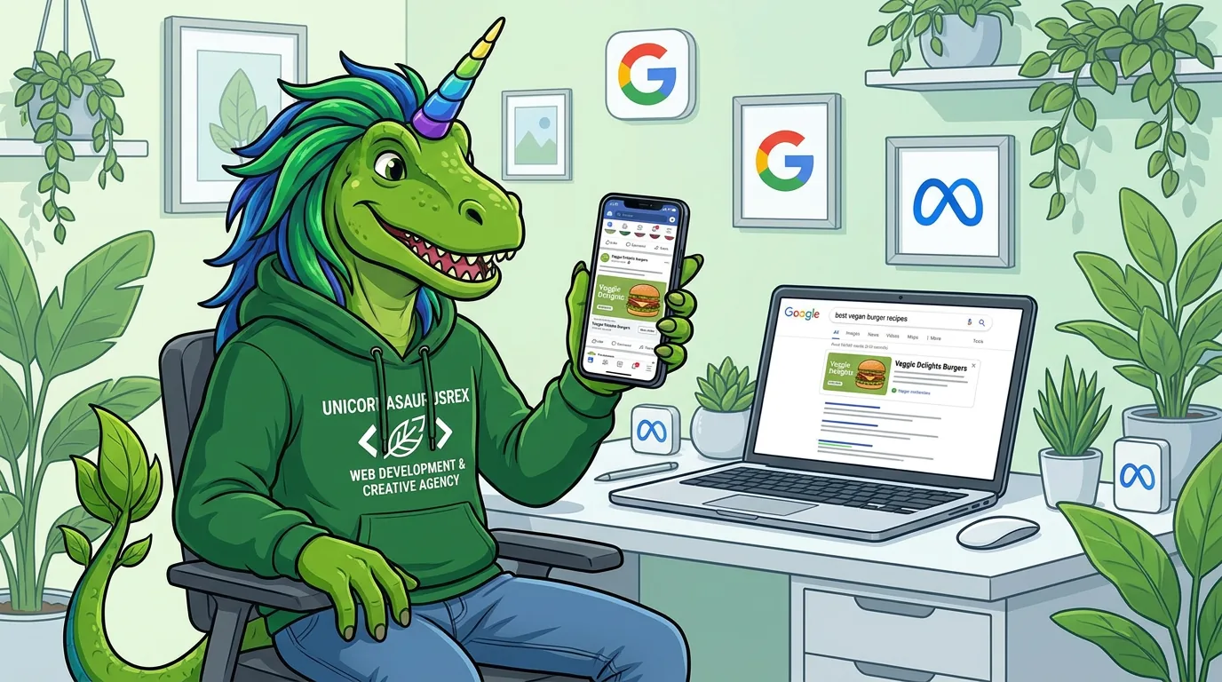 Rex showing a vegan burger ad in a social feed on his phone and in search results on his laptop