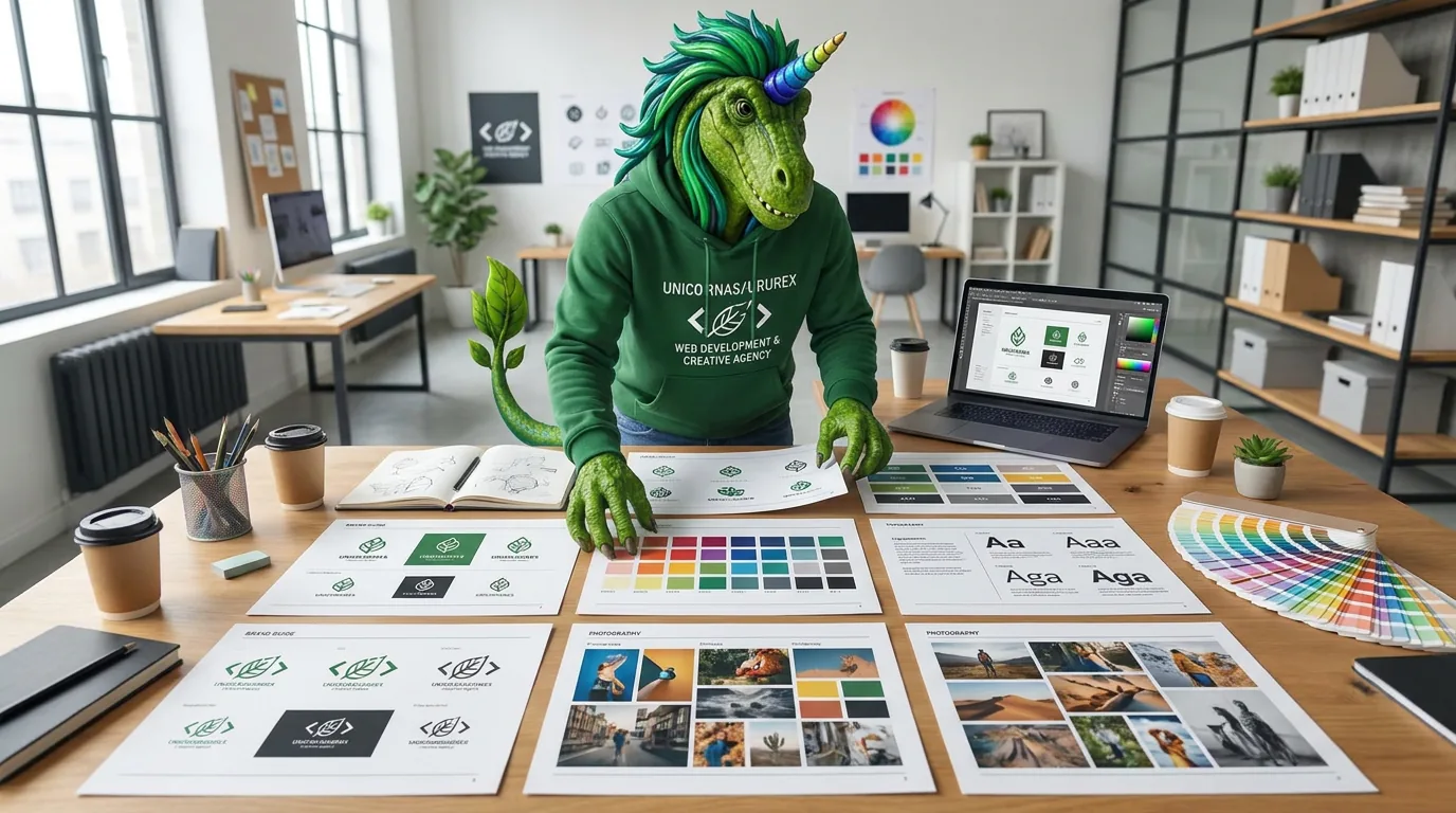 Rex laying out brand guide pages for logo, colours, fonts and photography on a table