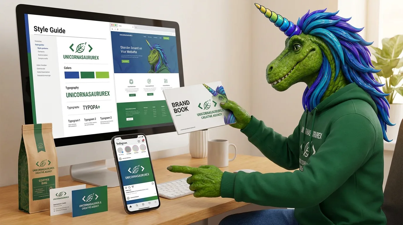 Rex checking one brand on a website, phone, coffee bag and business cards