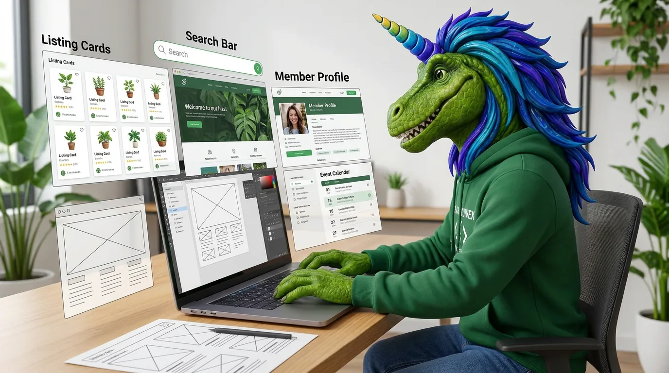 Rex building a directory website with listing cards, search, member profiles and an event calendar