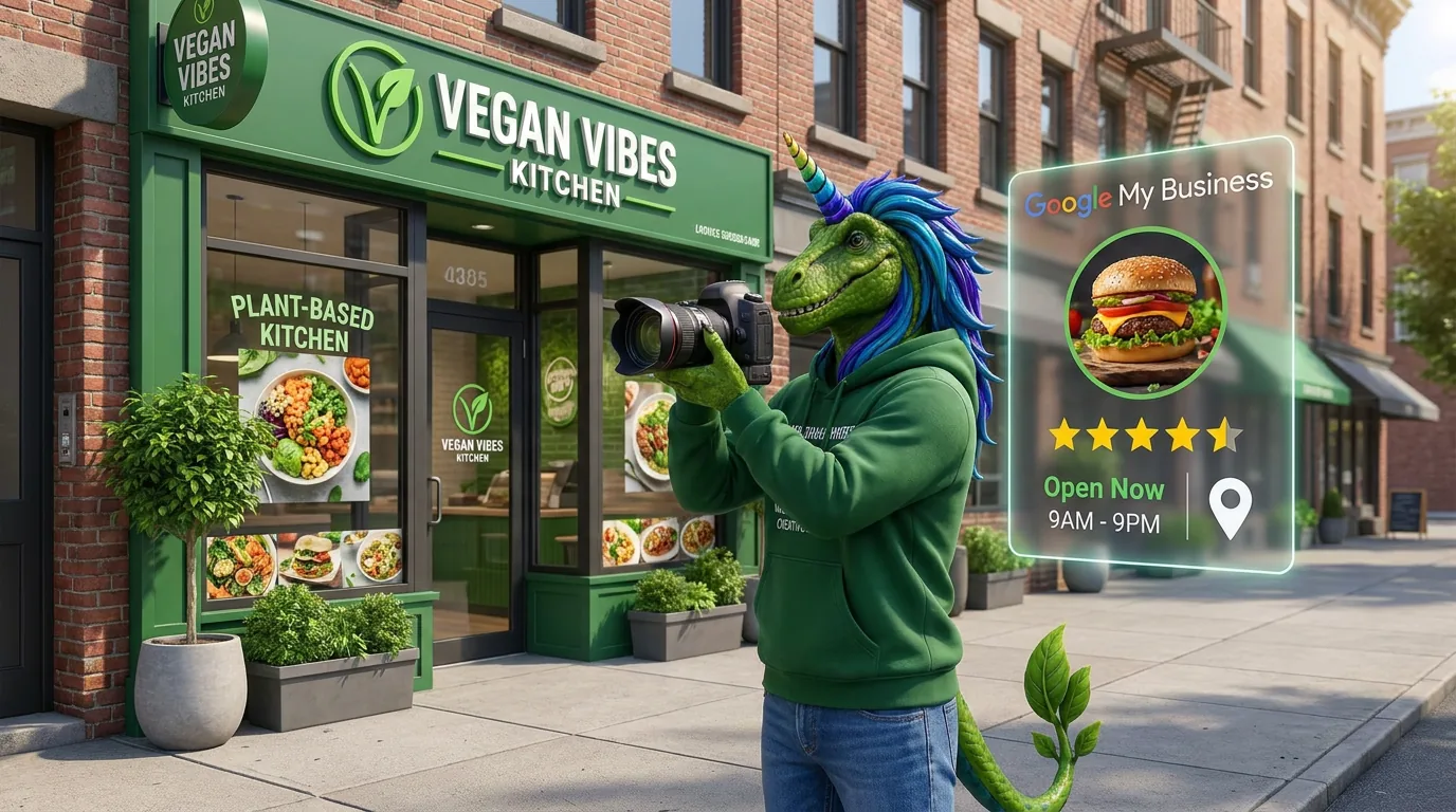 Rex photographing a plant-based kitchen storefront beside its business profile card