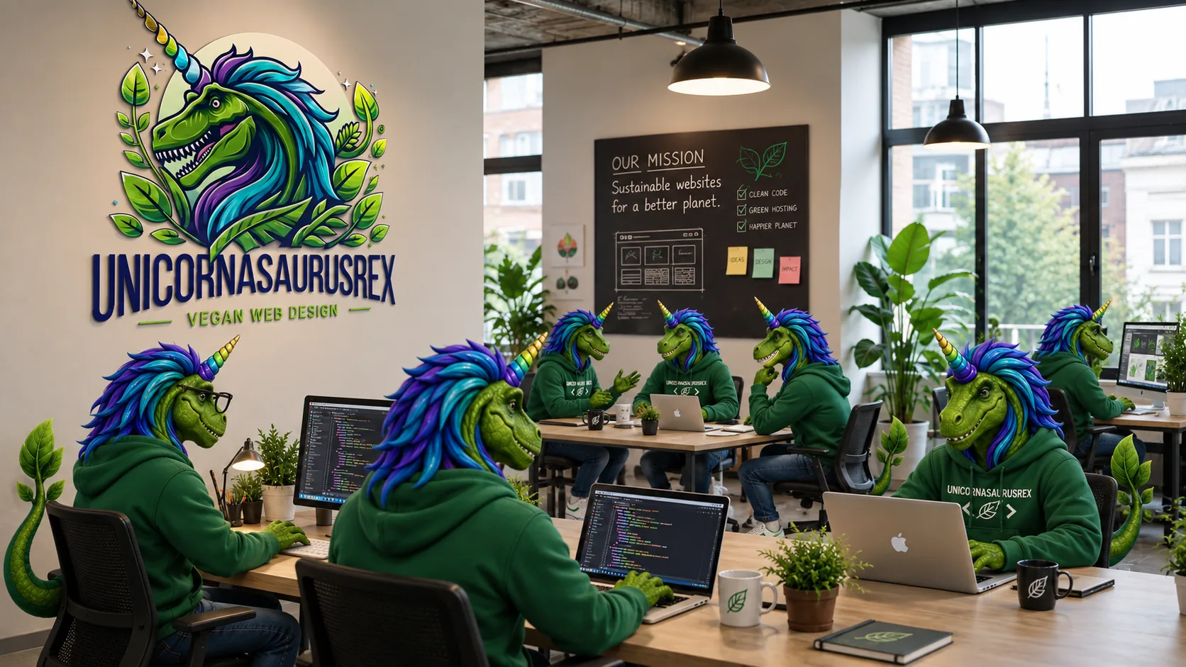 The Unicornasaurusrex studio team at work in a plant-filled office