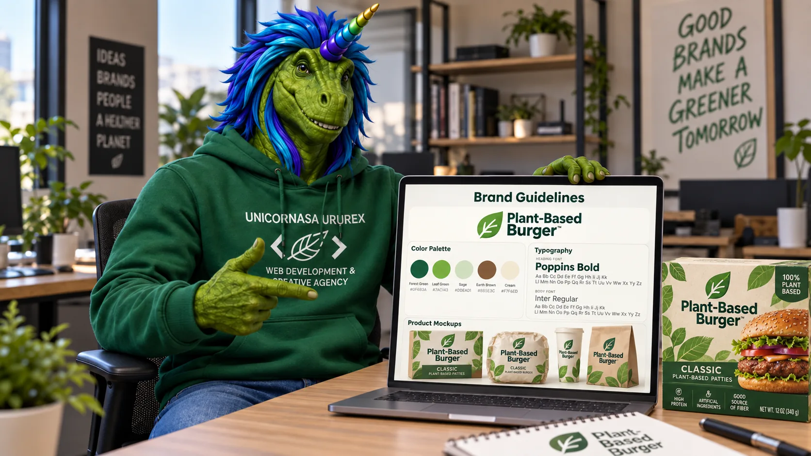 Rex with brand guidelines and packaging for a plant-based burger brand