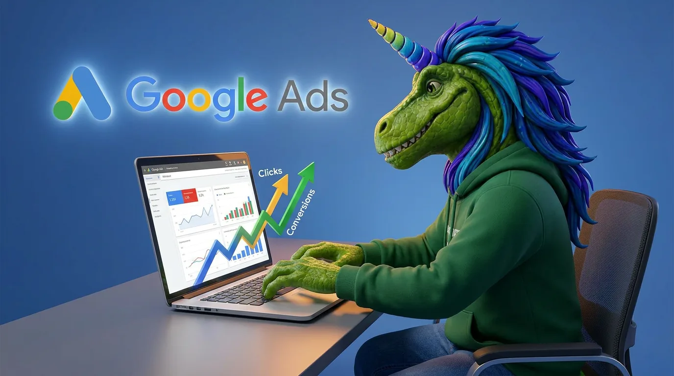 Rex at a laptop running an ad campaign with clicks and conversions climbing