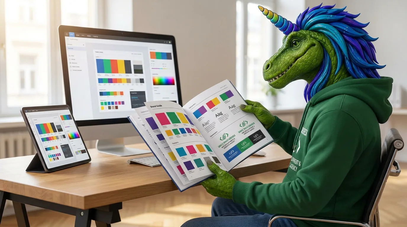Rex reading an open brand guide with colour swatches and type samples