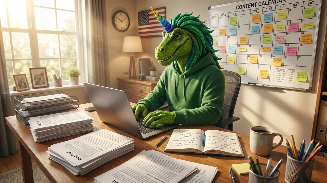 Rex writing blog posts at a laptop in front of a content calendar