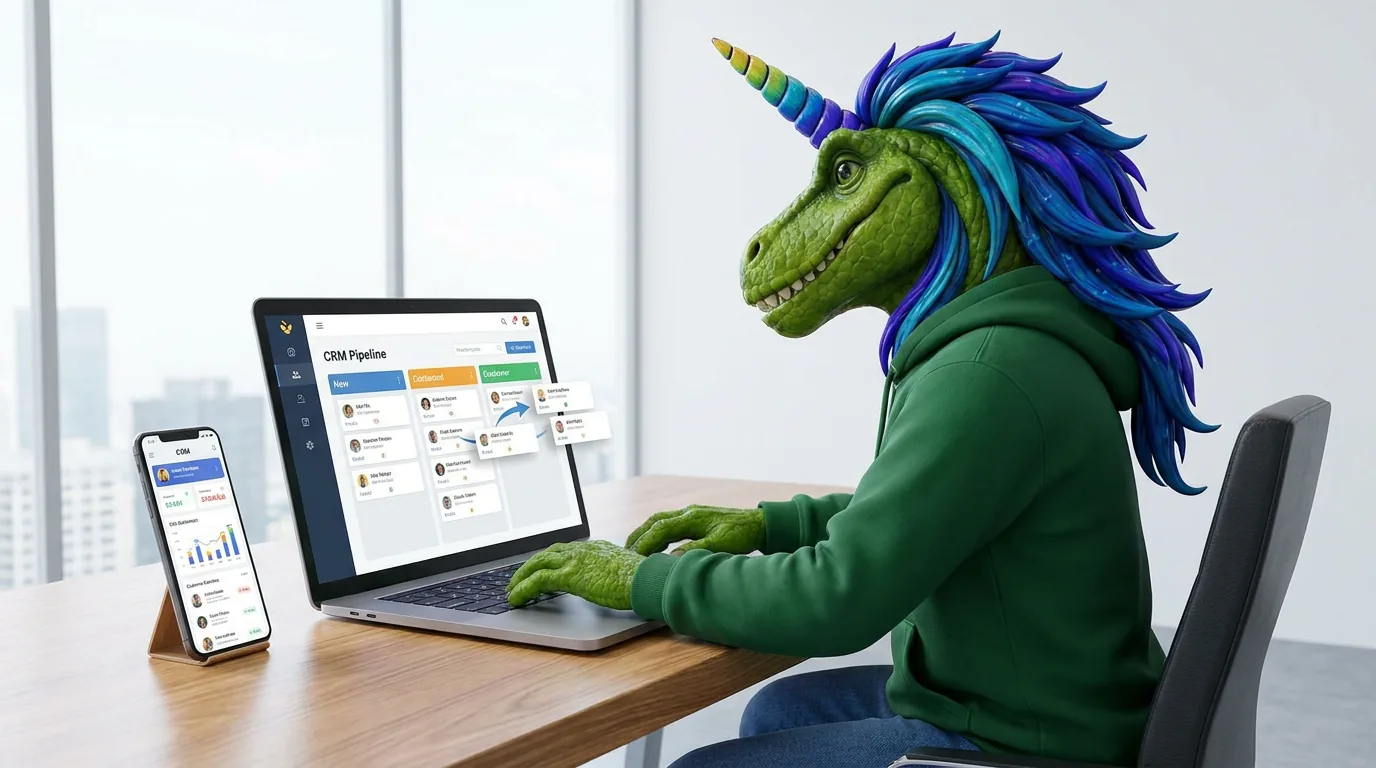 Rex at a laptop moving contact cards through a CRM pipeline