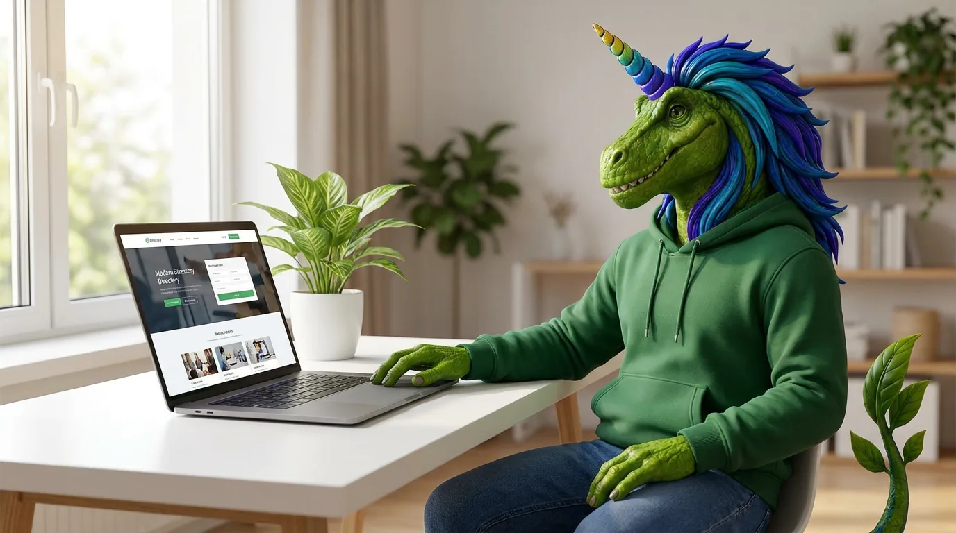 Rex at a laptop working on a vegan business directory website