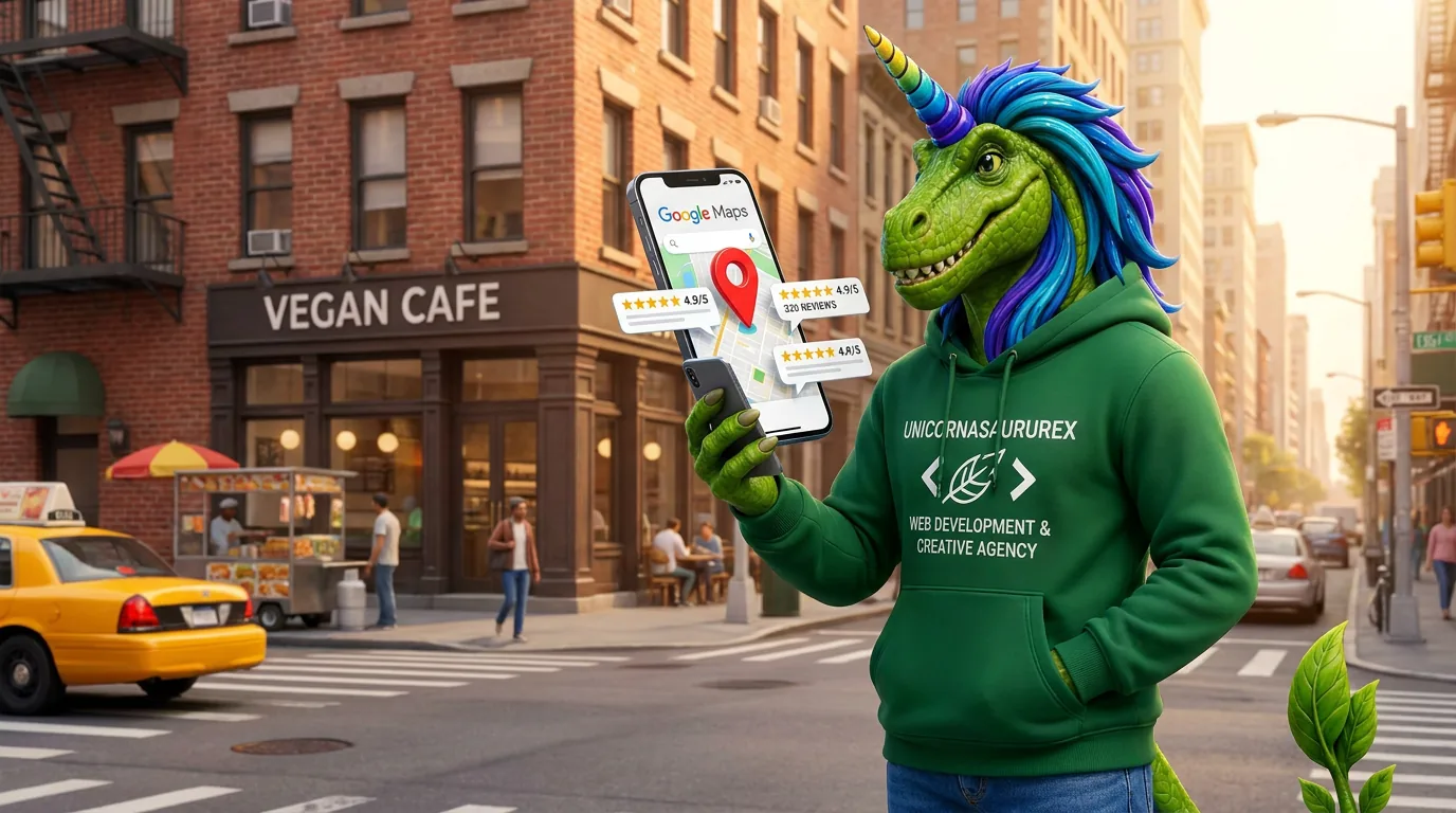 Rex on a city street holding a phone with a map pin and star reviews for a vegan cafe