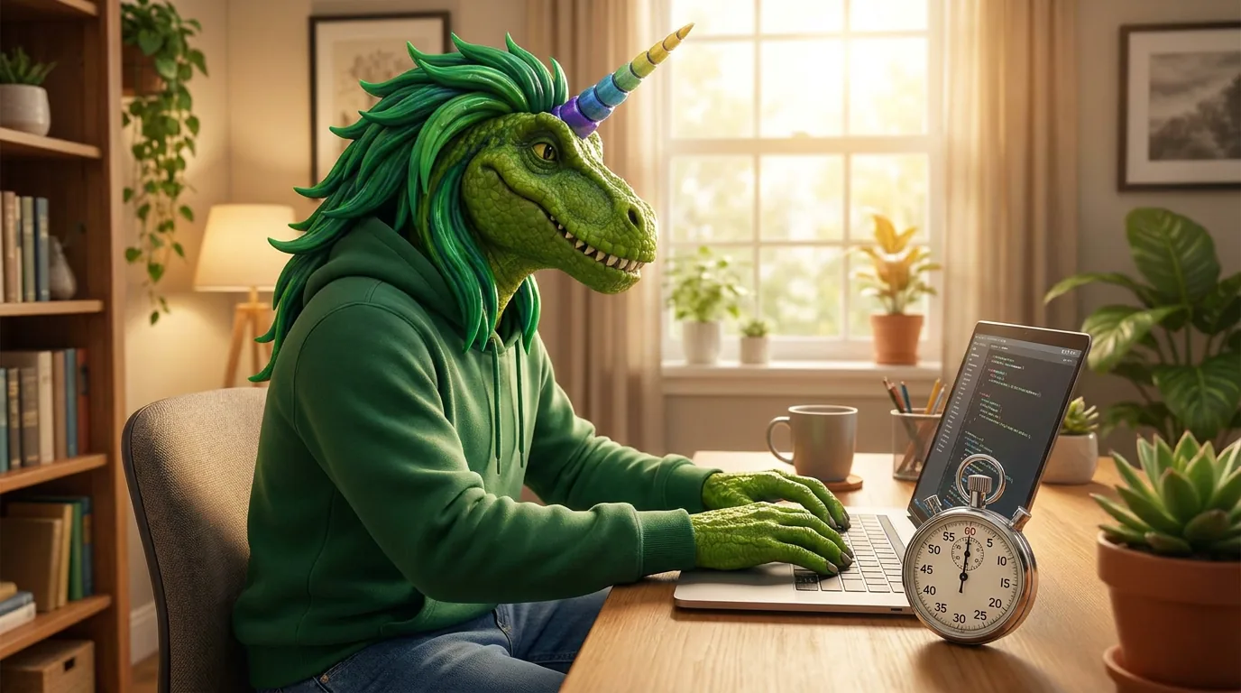 Rex at a laptop with a stopwatch beside him, ready for quick website tasks