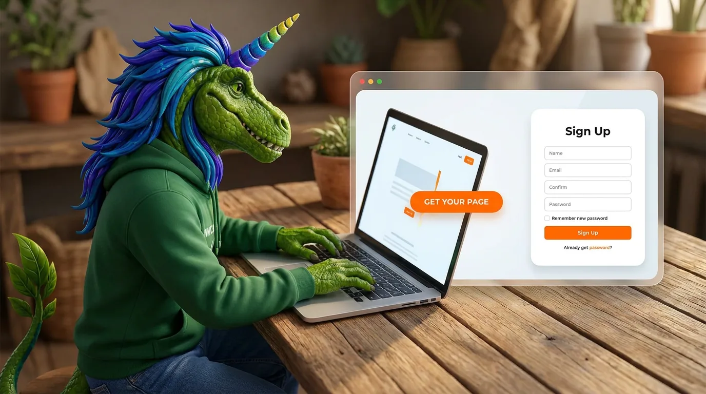 Rex building a landing page with a sign up form and call to action button