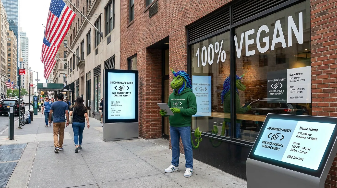 Rex with a tablet outside a vegan shop, its business details shown on listing screens around him