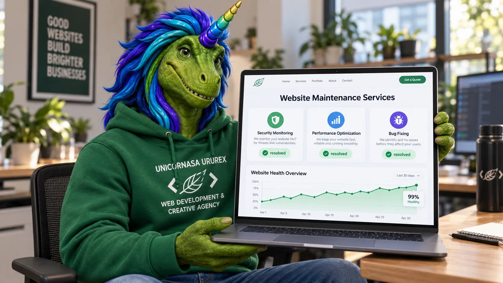 Rex with a laptop showing a website maintenance dashboard