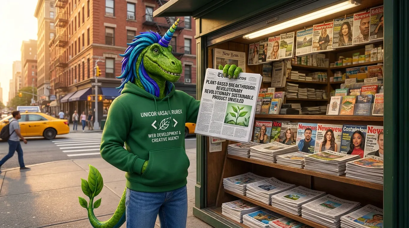Rex at a newsstand holding up a newspaper with a plant-based brand story on the front page