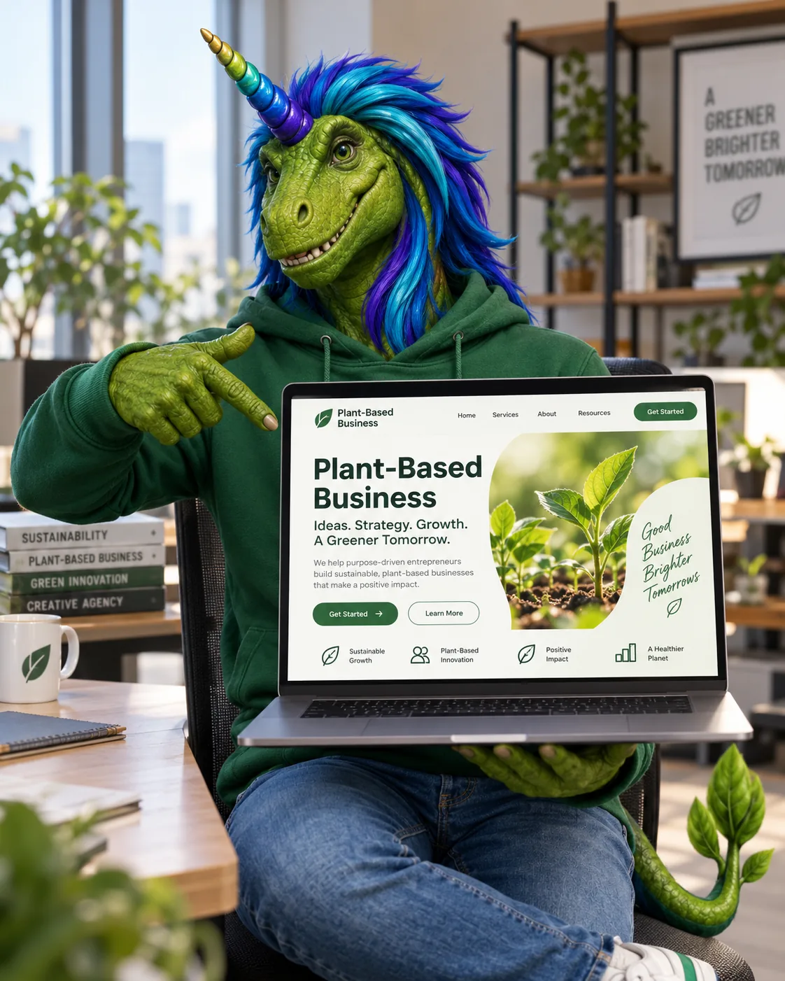 Rex holding a laptop showing a plant-based business website