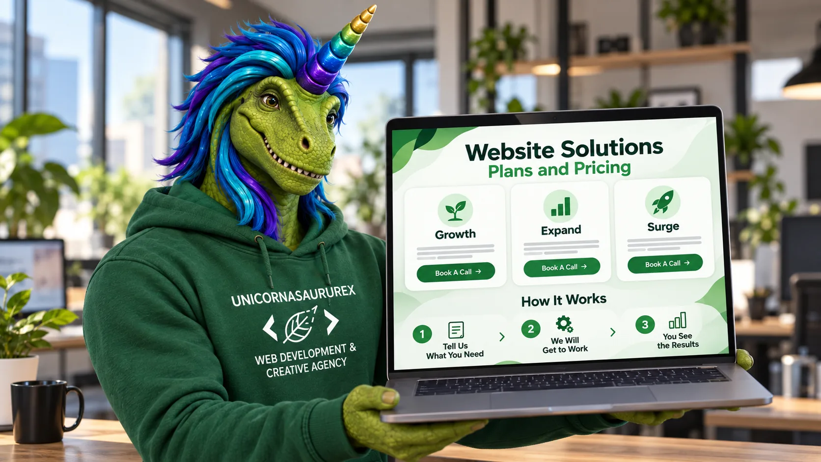 Rex with a laptop showing the Growth, Expand and Surge website plans