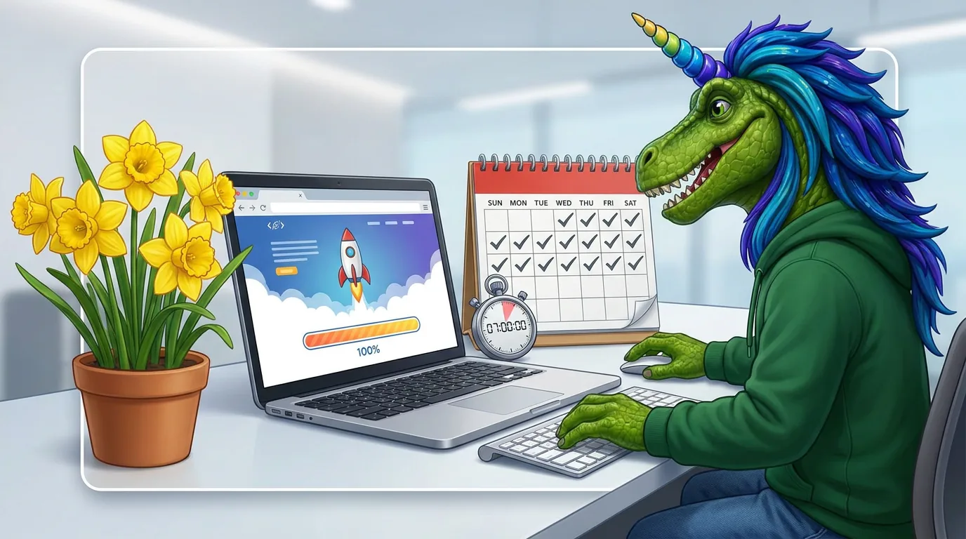 Rex launching a website on a laptop beside a week of ticked calendar days and a stopwatch