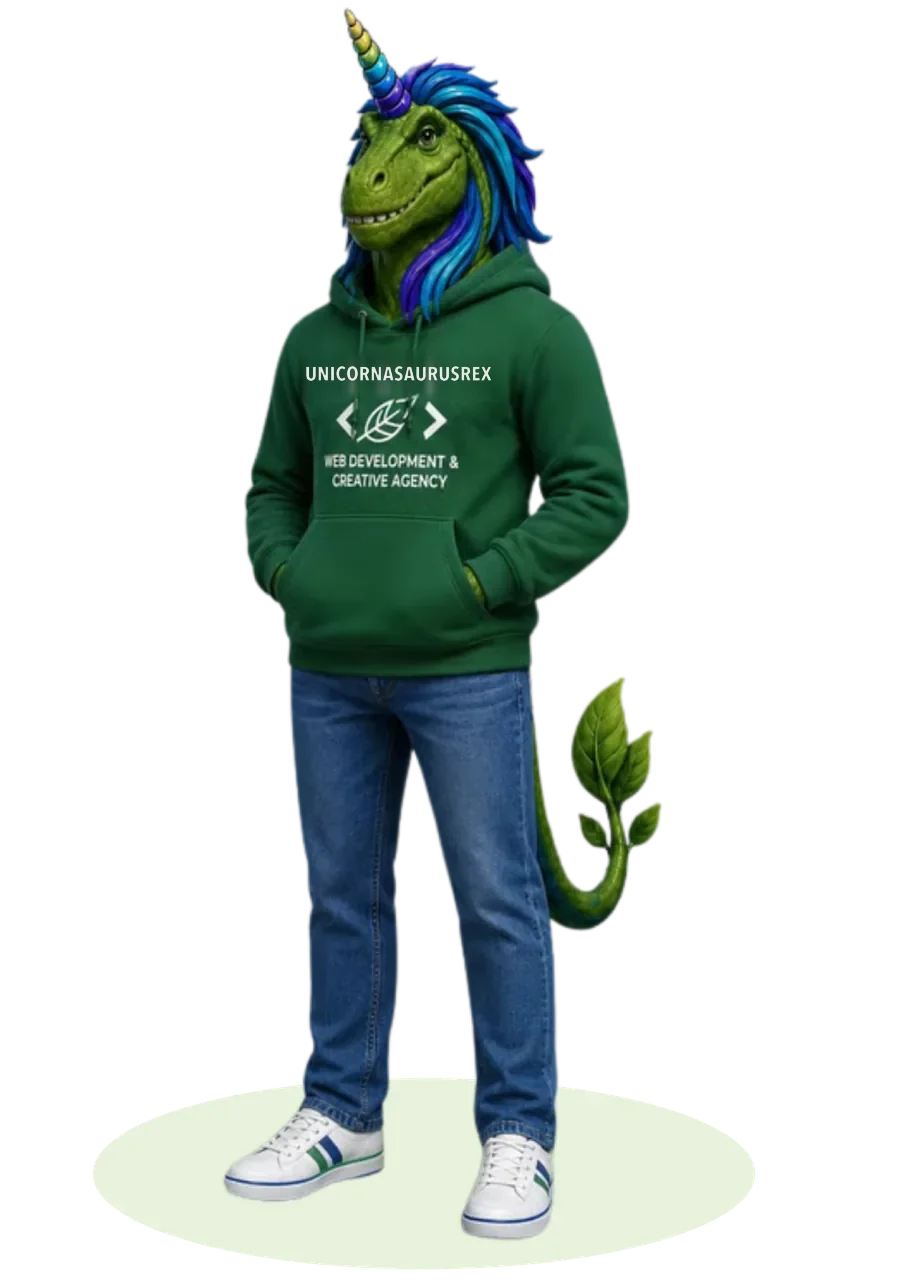 Rex, the Unicornasaurusrex mascot, in the studio hoodie