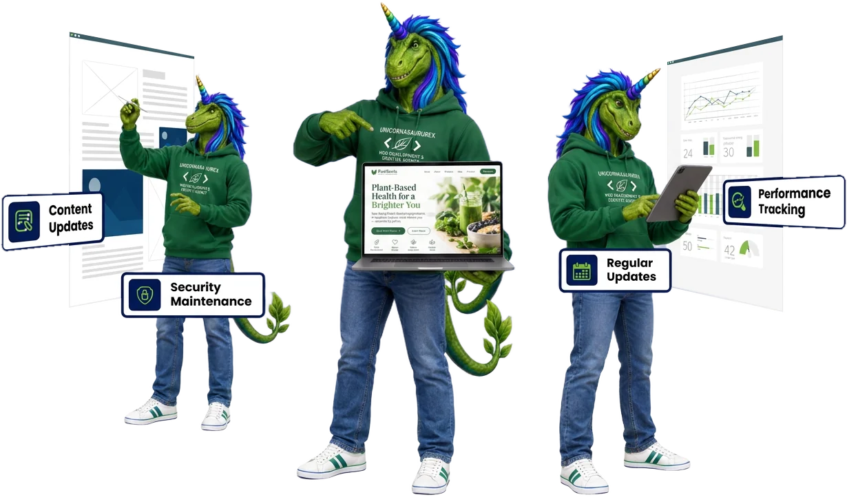 Three Rex mascots handling content updates, security maintenance, regular updates and performance tracking