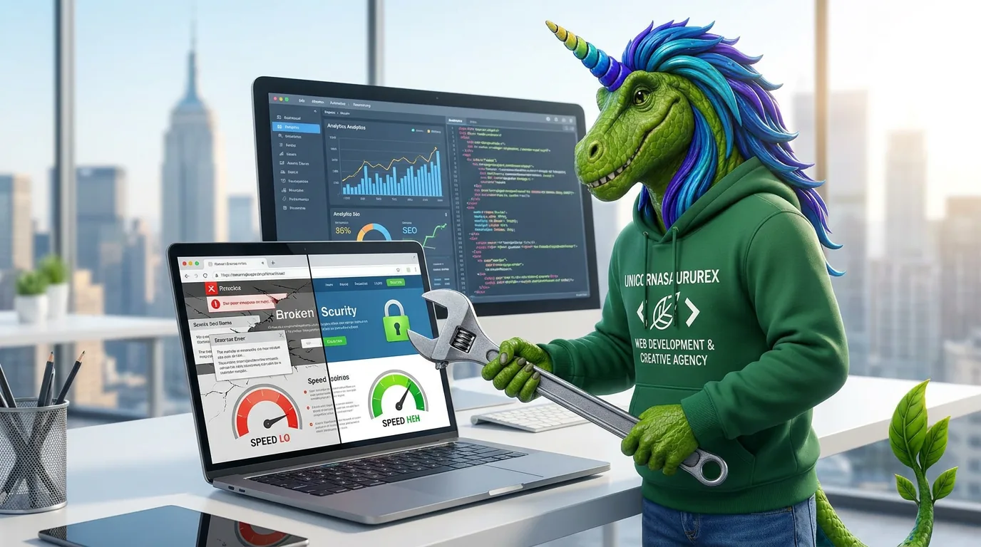 Rex with a wrench fixing a broken site, its speed gauge going from low to high