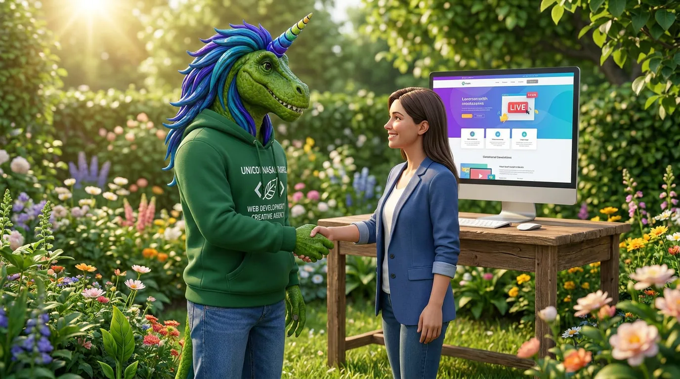 Rex shaking hands with a happy client in a garden beside her newly launched website