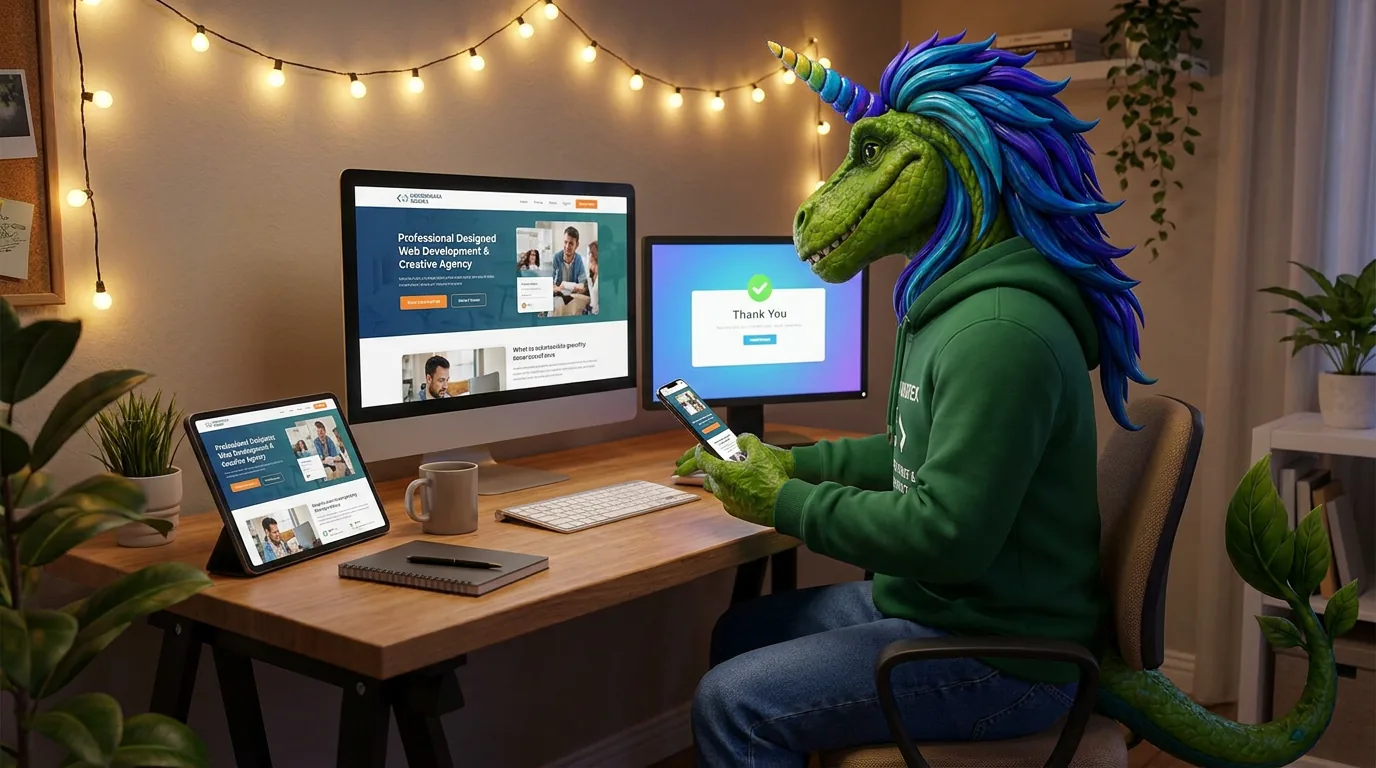 Rex checking a landing page and thank you page on desktop, tablet and phone