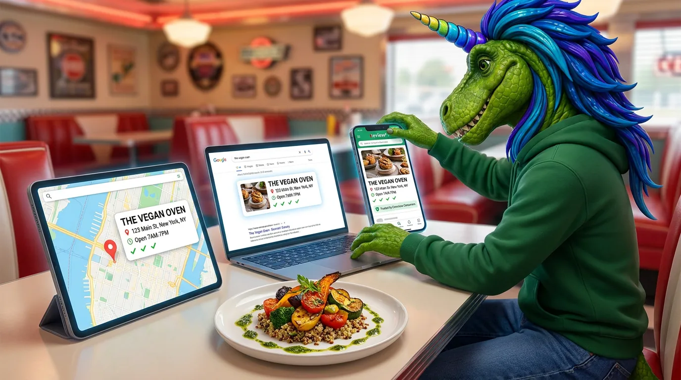 Rex checking that a vegan restaurant's listing matches on a map, a search page and a phone