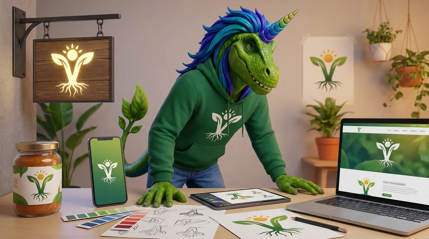 Rex reviewing one plant-based logo applied to a shop sign, jar label, phone app and website