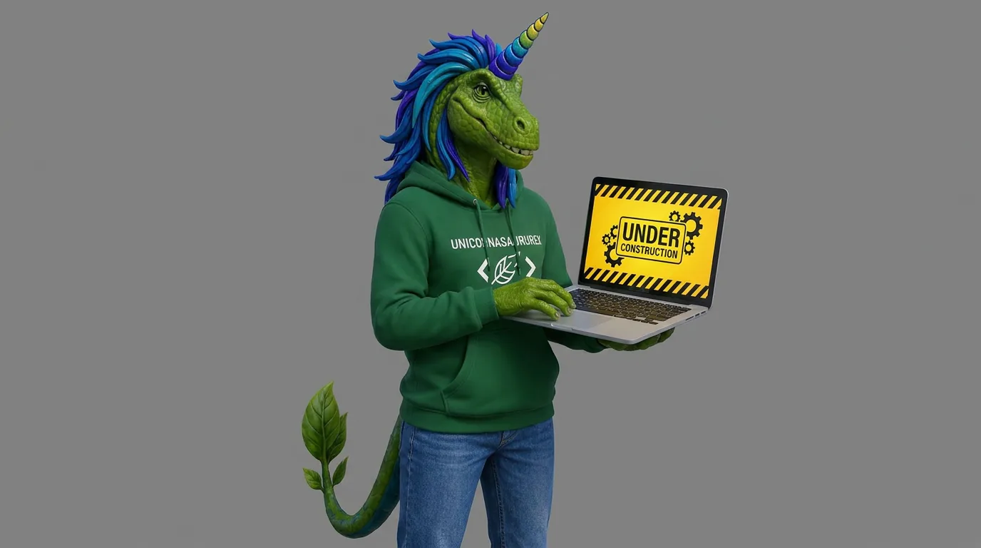 Rex holding a laptop showing an under construction screen