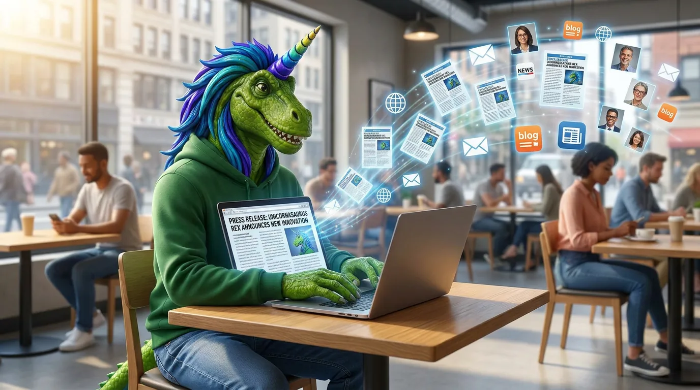 Rex sending a press release from a laptop out to news sites, blogs and journalists
