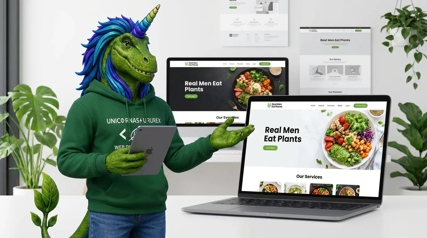 Rex presenting the Real Men Eat Plants website on a laptop and tablet