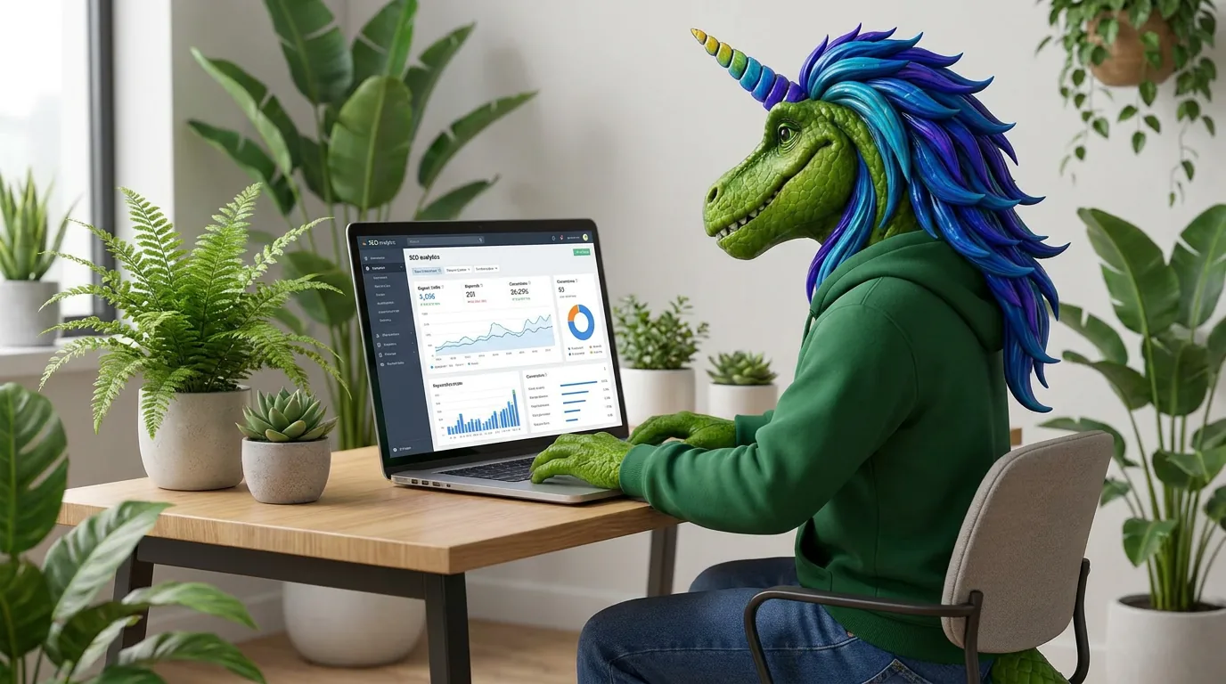 Rex reviewing an SEO analytics dashboard on a laptop
