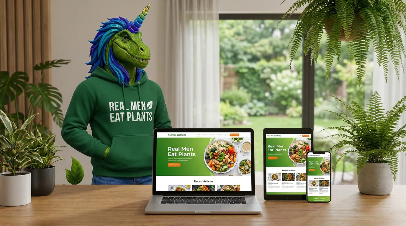Rex with the Real Men Eat Plants website on a laptop, tablet and phone