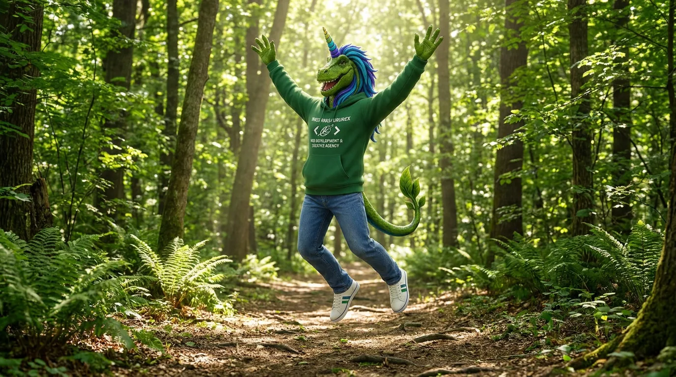 Rex jumping for joy on a sunny forest path
