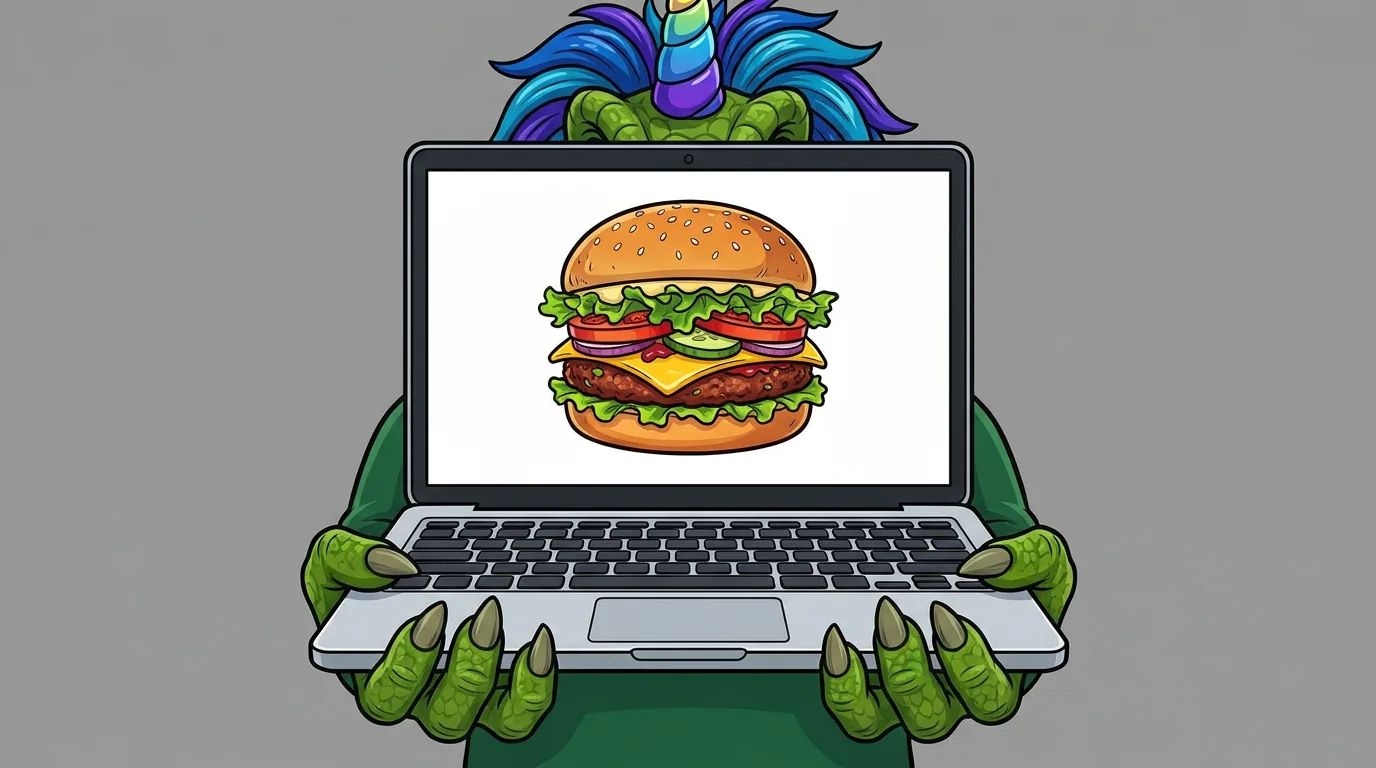 Rex holding a laptop showing a burger website