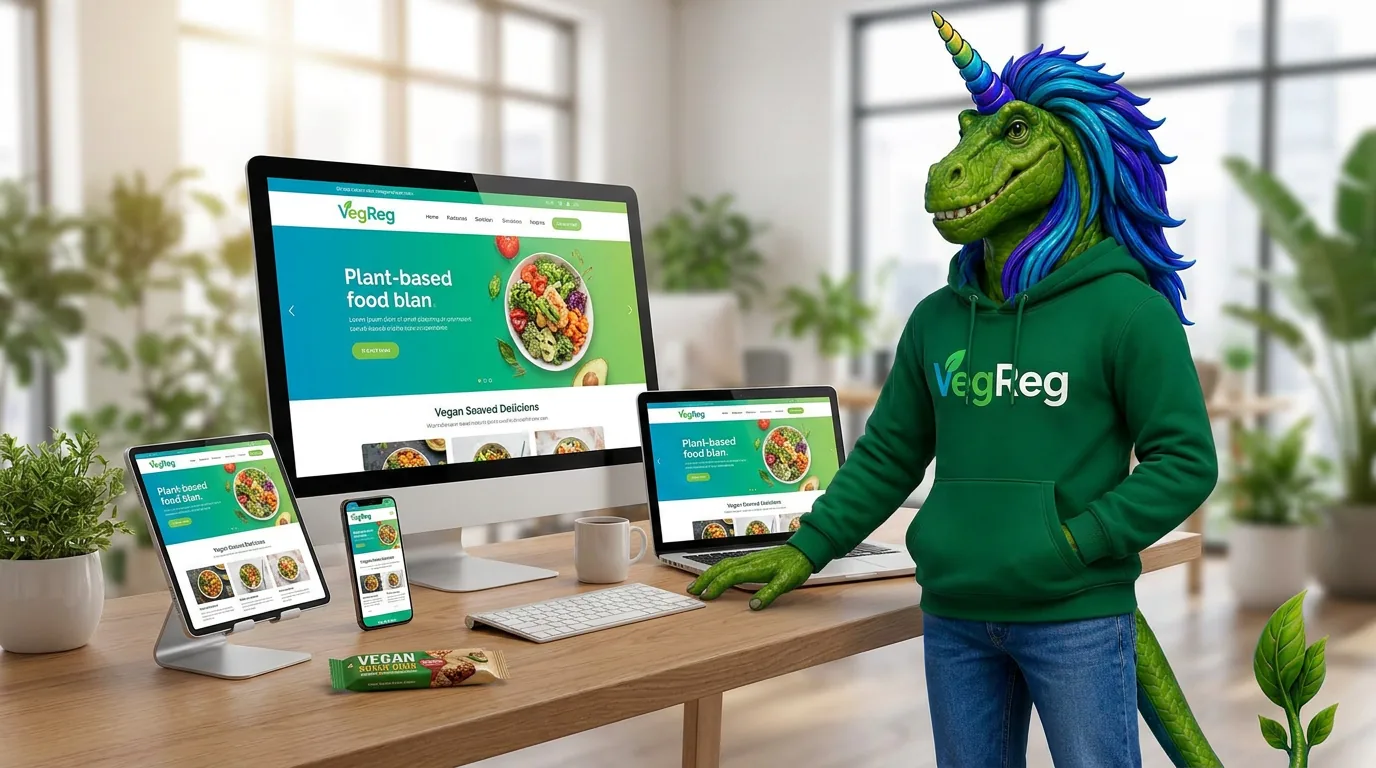 Rex beside the VegReg website on a desktop, laptop, tablet and phone