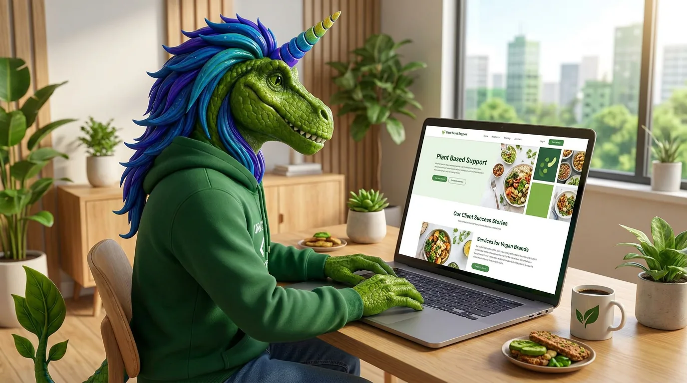 Rex working on the Plant Based Support website on a laptop